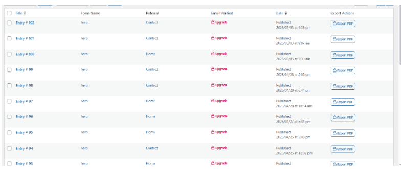 Lead submissions log showing 100+ form entries from the driving school website over the 4-month period