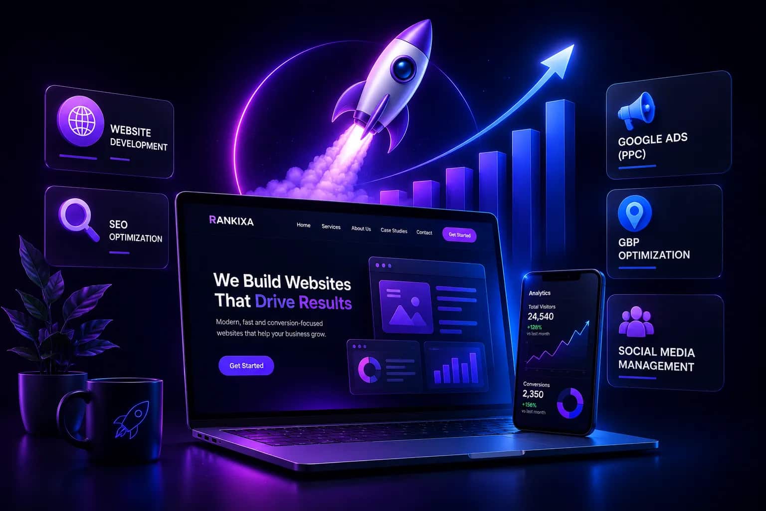 Rankixa digital marketing services — website development, SEO, Google Ads, Google Business Profile, and social media management
